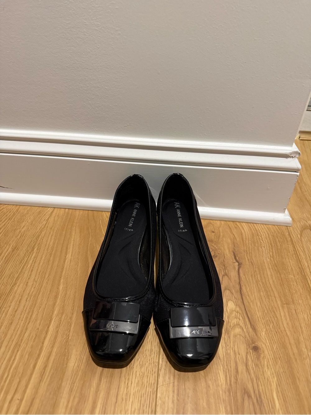 Anne Klein Black Patent and Fabric Ballet Flats with Buckle Accent - Picture 3 of 5